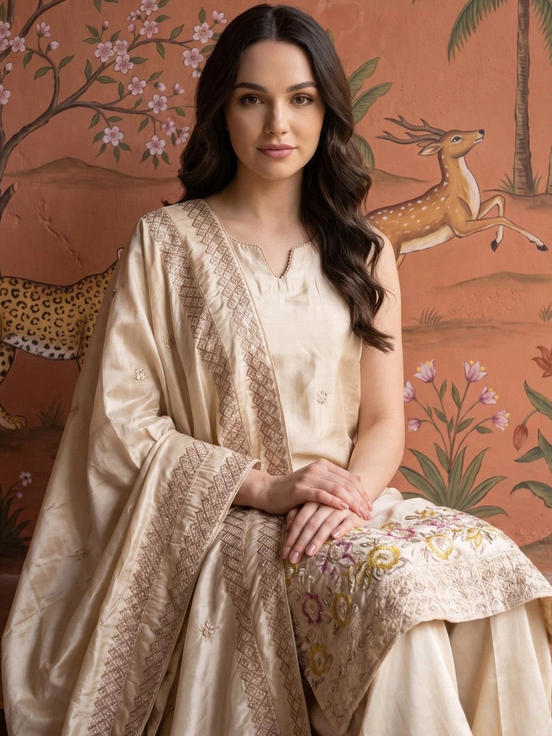 Women Floral Embroidered Regular Sequinned Silk Georgette Kurta with Palazzos & With Dupatta