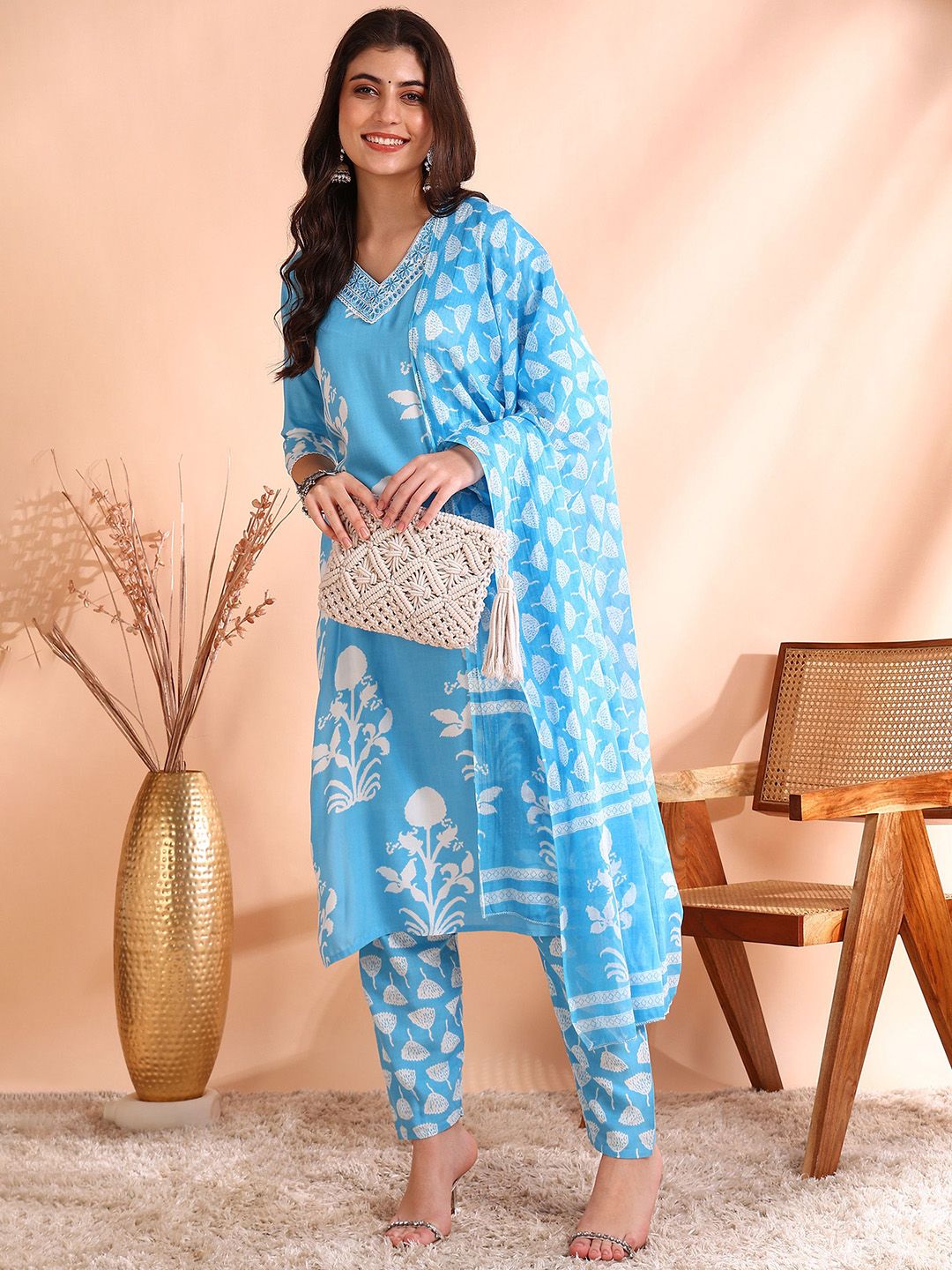 Dhiyona OD Printed Thread Work Pure Cotton Kurta With Trousers & Dupatta