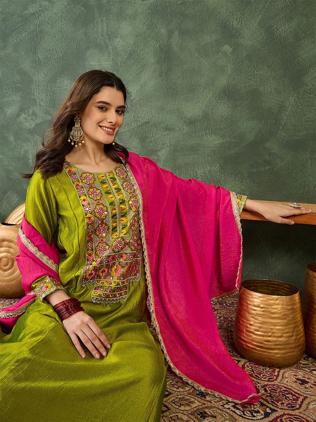Dhiyona KL Women Ethnic Motifs Embroidered Regular Thread Work Kurta with Palazzos & With Dupatta