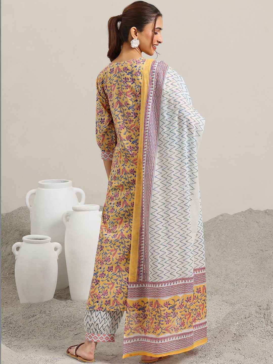 Women Floral Printed Regular Sequinned Pure Cotton Kurta with Salwar & With Dupatta