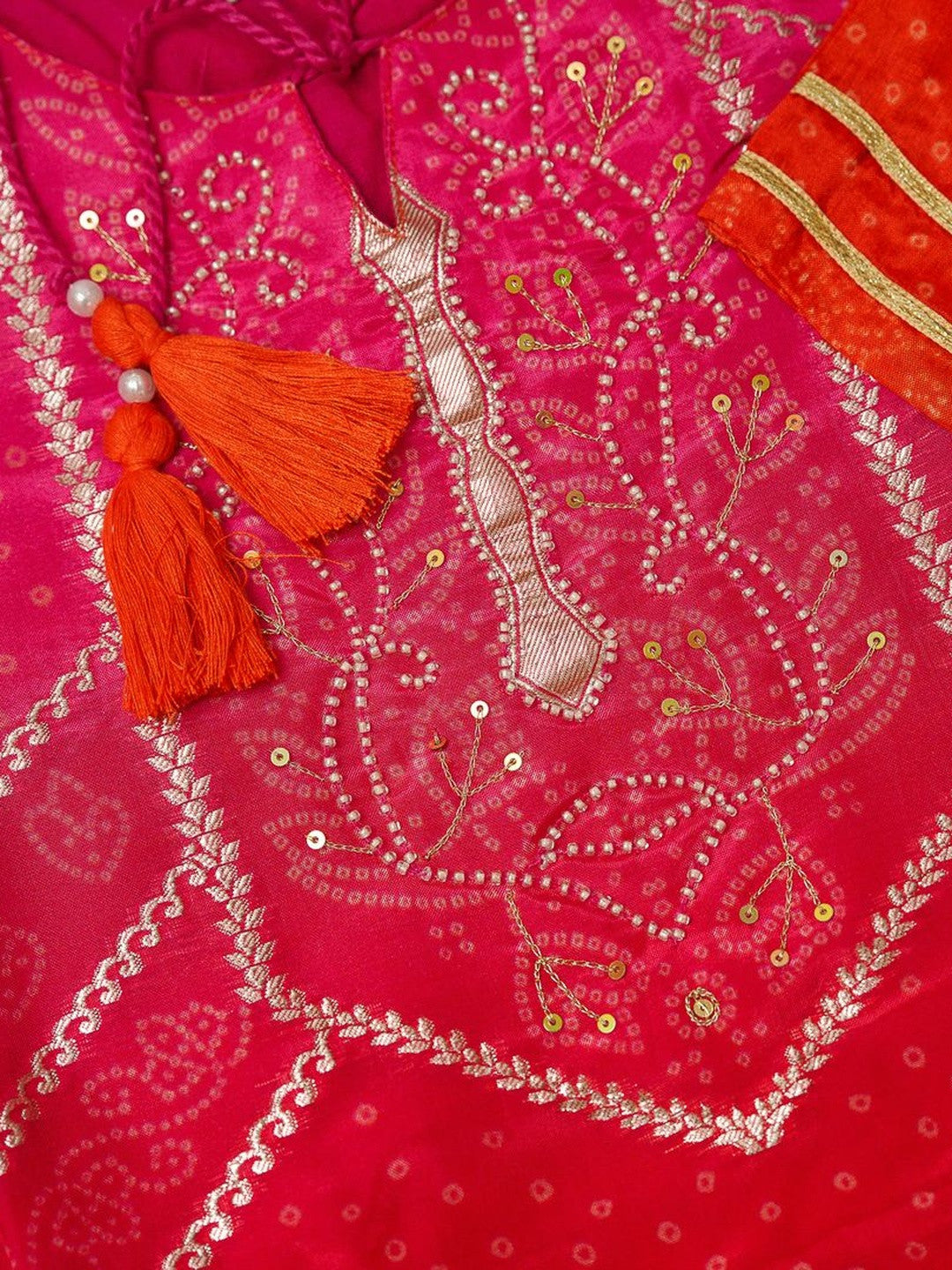 Bandhani Printed Tie-Up Neck Sequinned Straight Kurta With Trousers & Dupatta