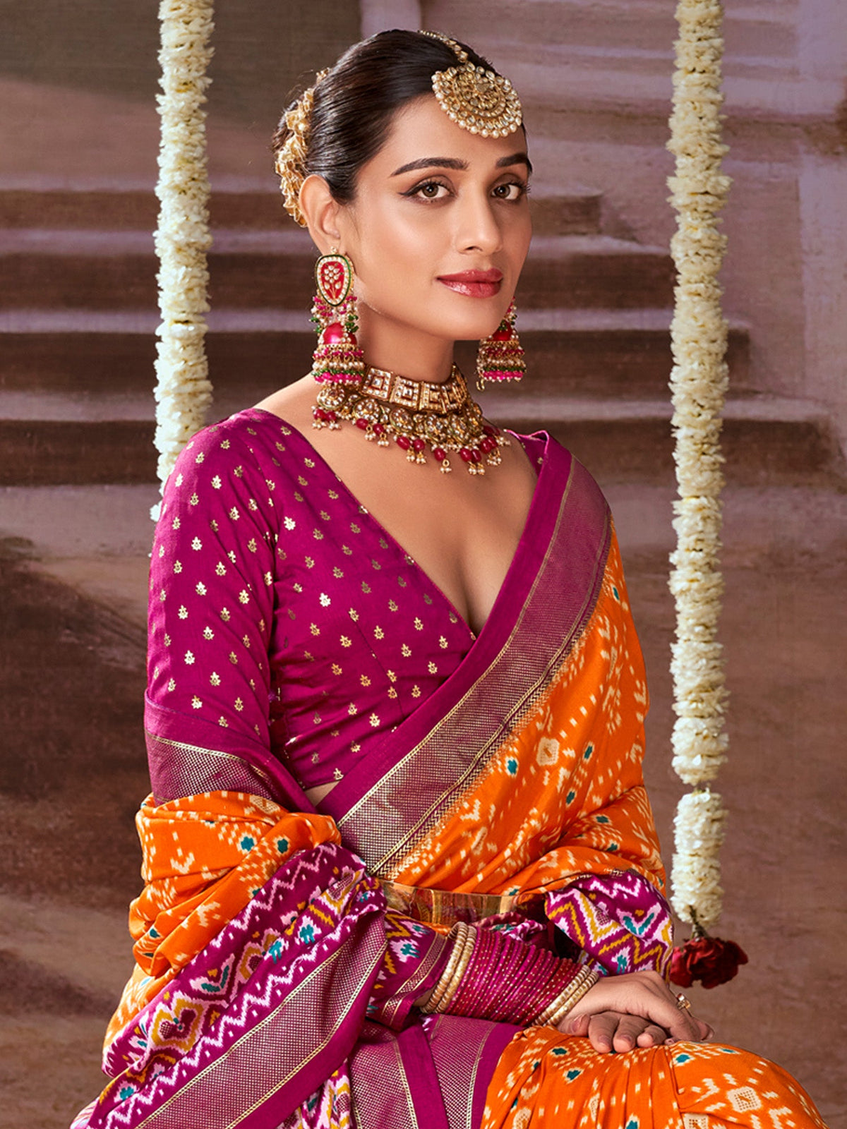 Women's Tussar Silk Orange Printed Designer Saree With Blouse Piece