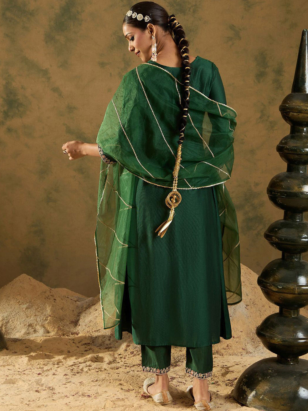 Embroidered Zari Work Regular Sleeves A-line Shape V-Neck Liva Kurta Set