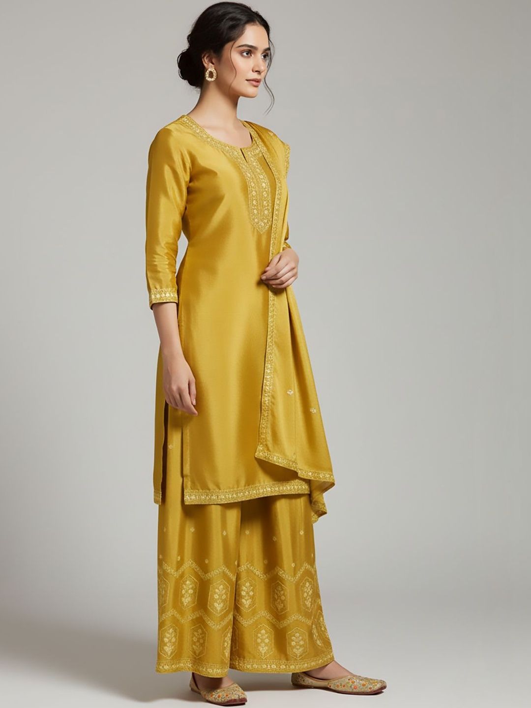 Dhiyona VA Women Ethnic Motifs Embroidered Regular Thread Work Silk Crepe Kurta with Palazzos & With Dupatta