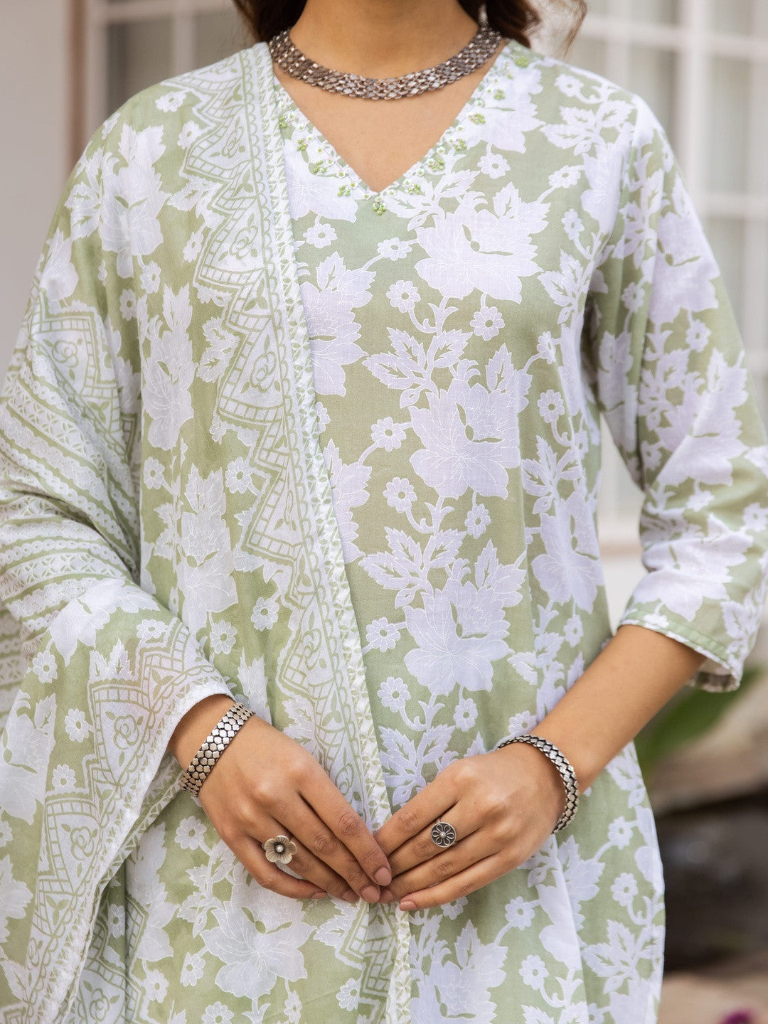 Printed Pure Cotton Straight Kurta With Trousers & Dupatta