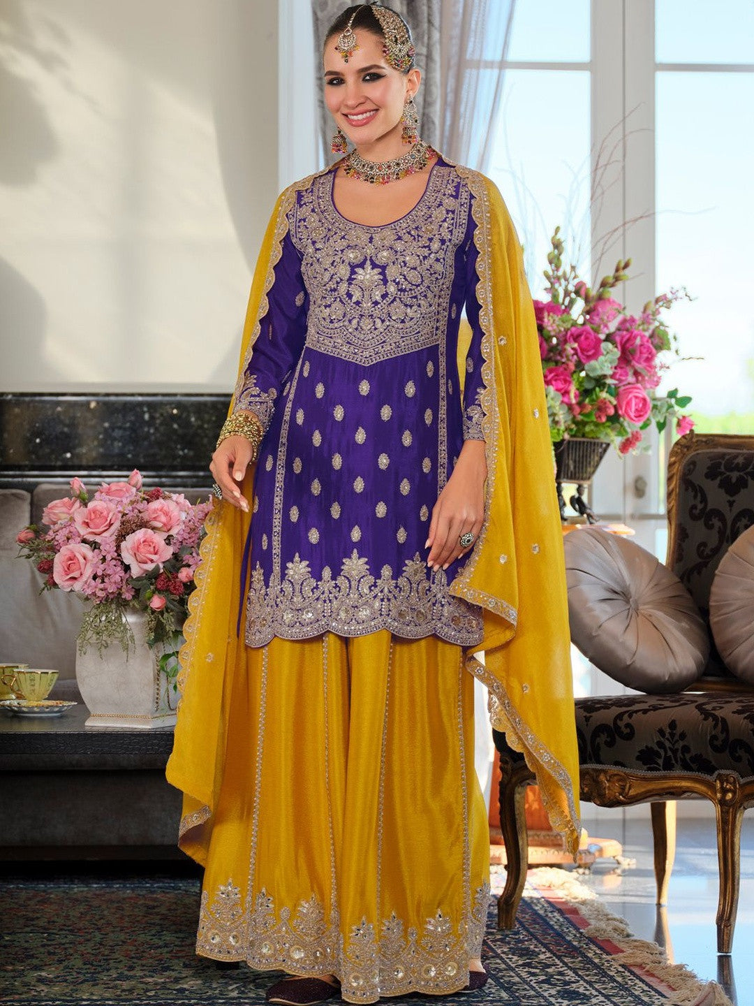 Women Ethnic Motifs Embroidered Regular Thread Work Kurta with Sharara & With Dupatta