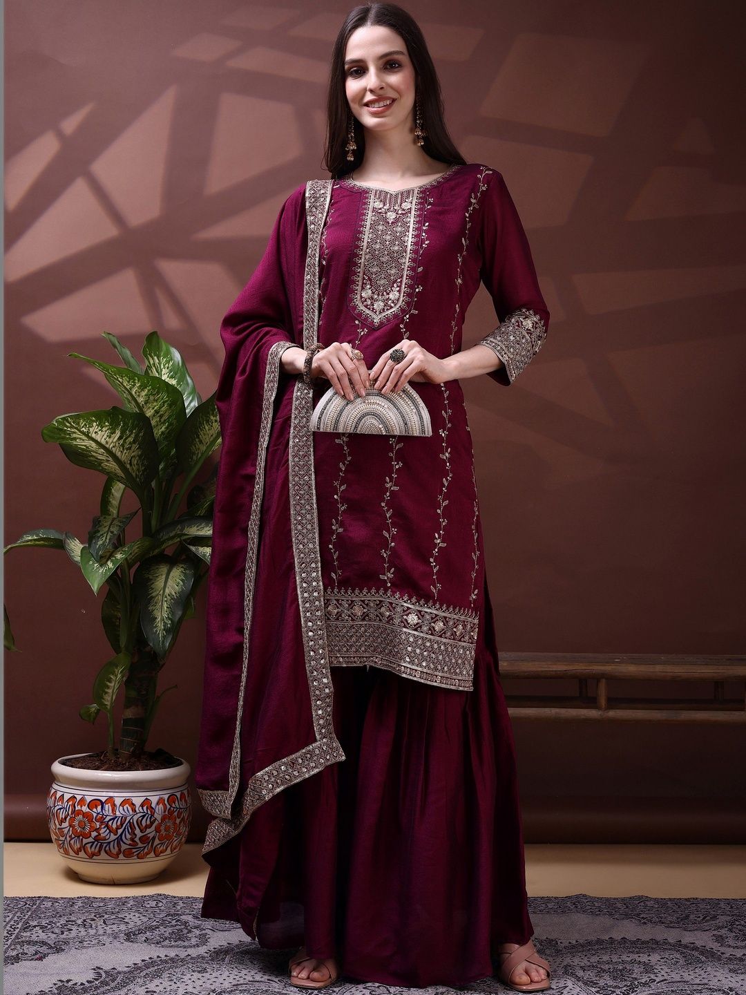 Dhiyona SN Embroidered Round Neck Kurta & Sharara With Dupatta