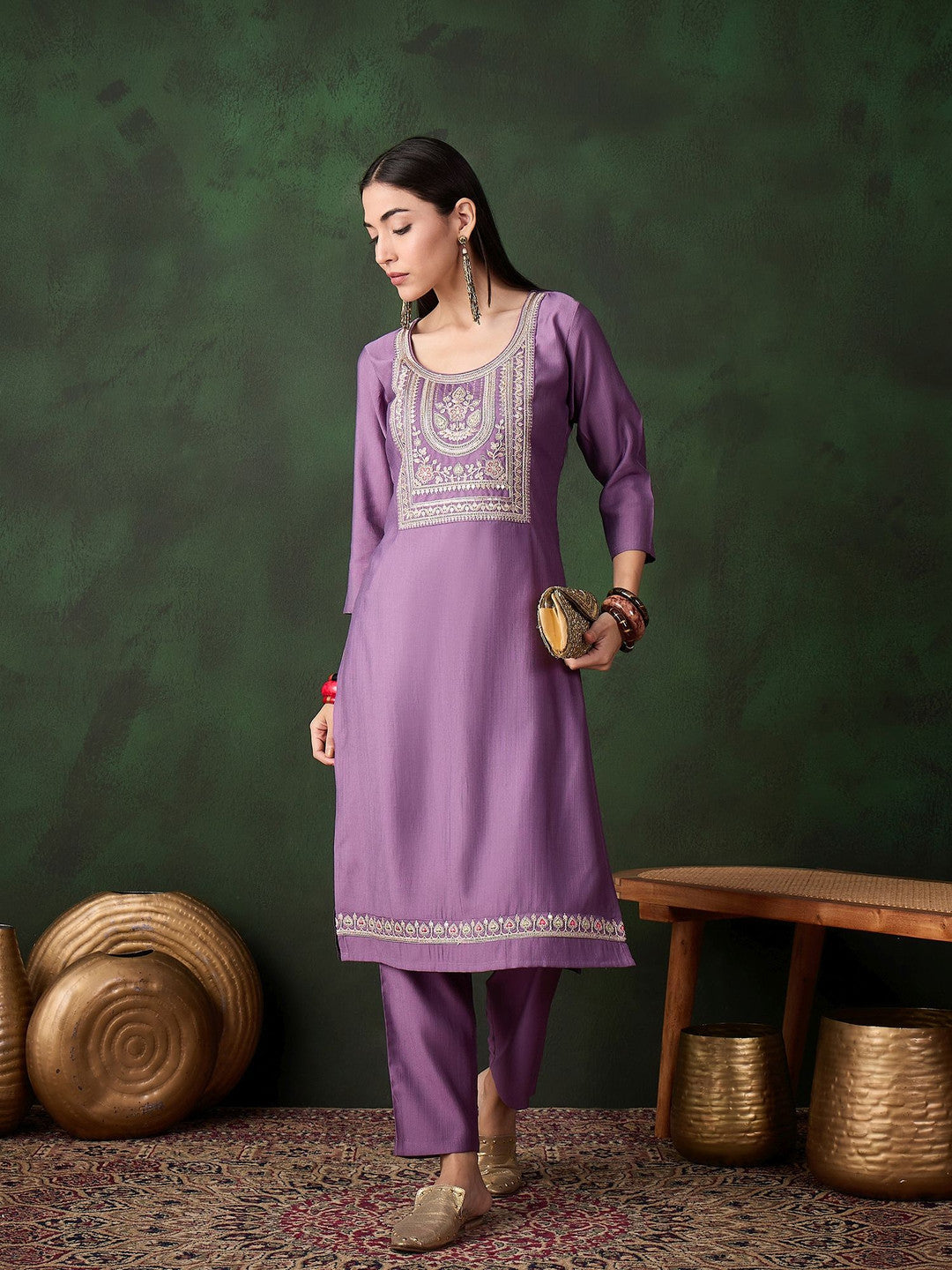 Floral Zari Embroidered Straight Kurta and Trouser