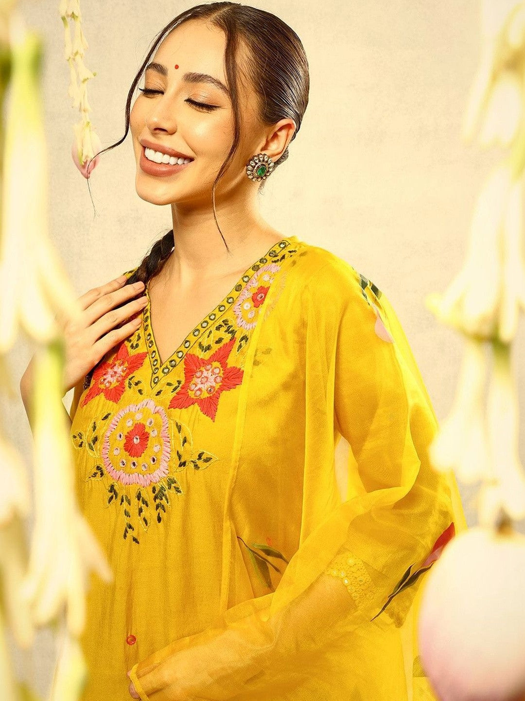 Embroidered V-Neck Kurta & Trousers With Dupatta
