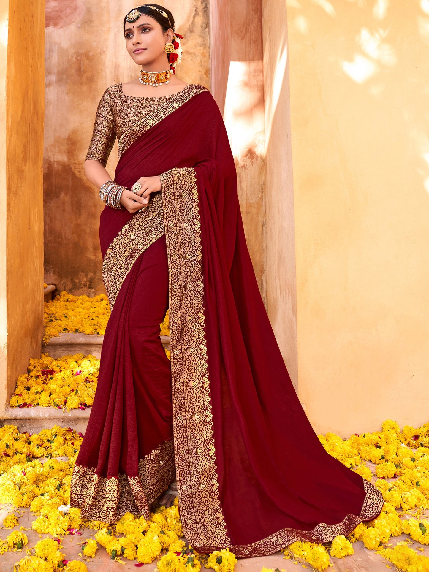 Women's Vichitra Silk Maroon Embellished Designer Saree With Blouse Piece