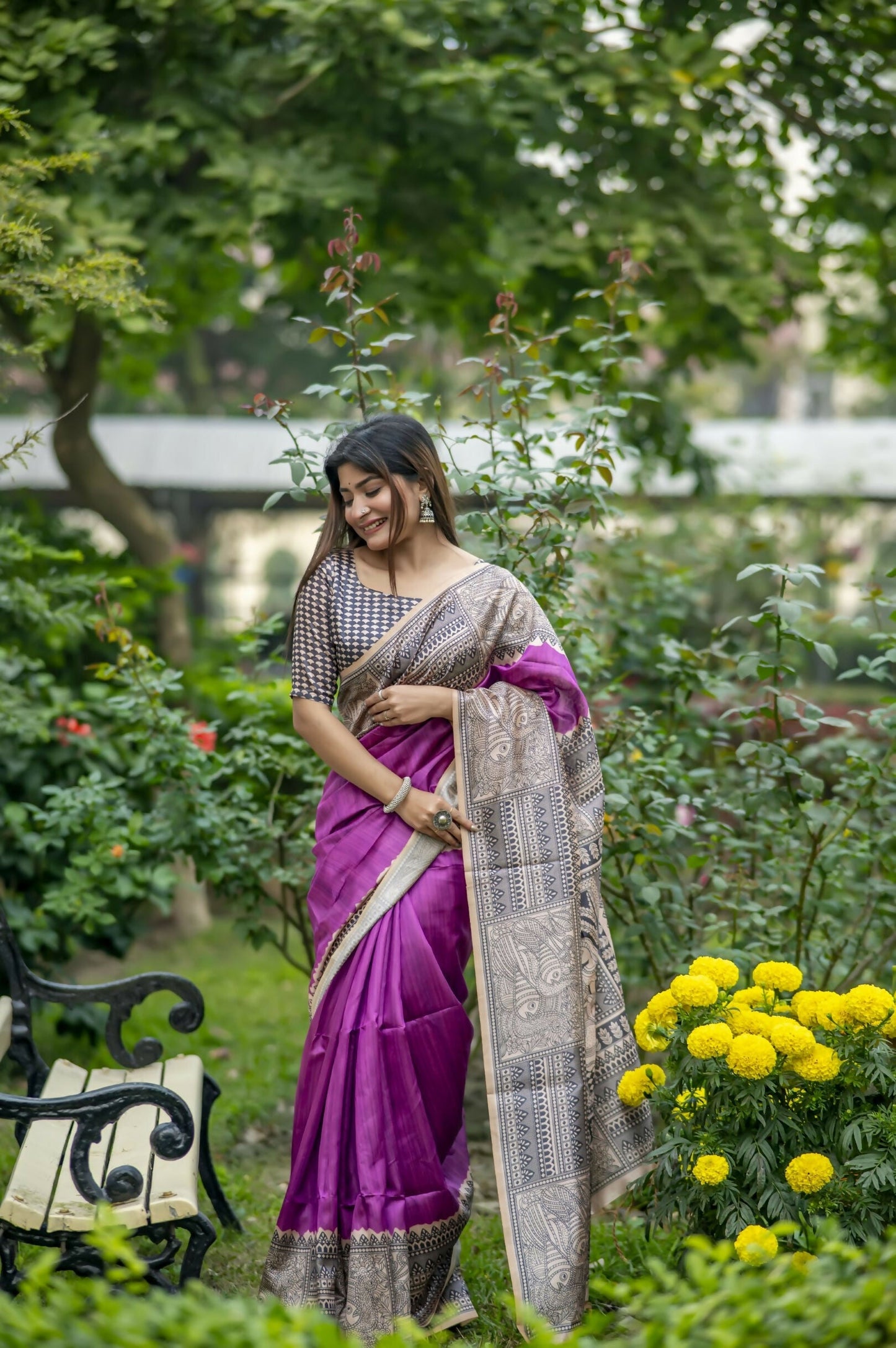 Women Yogita Madhubani 3 Wine Saree With Unstiched Blouse