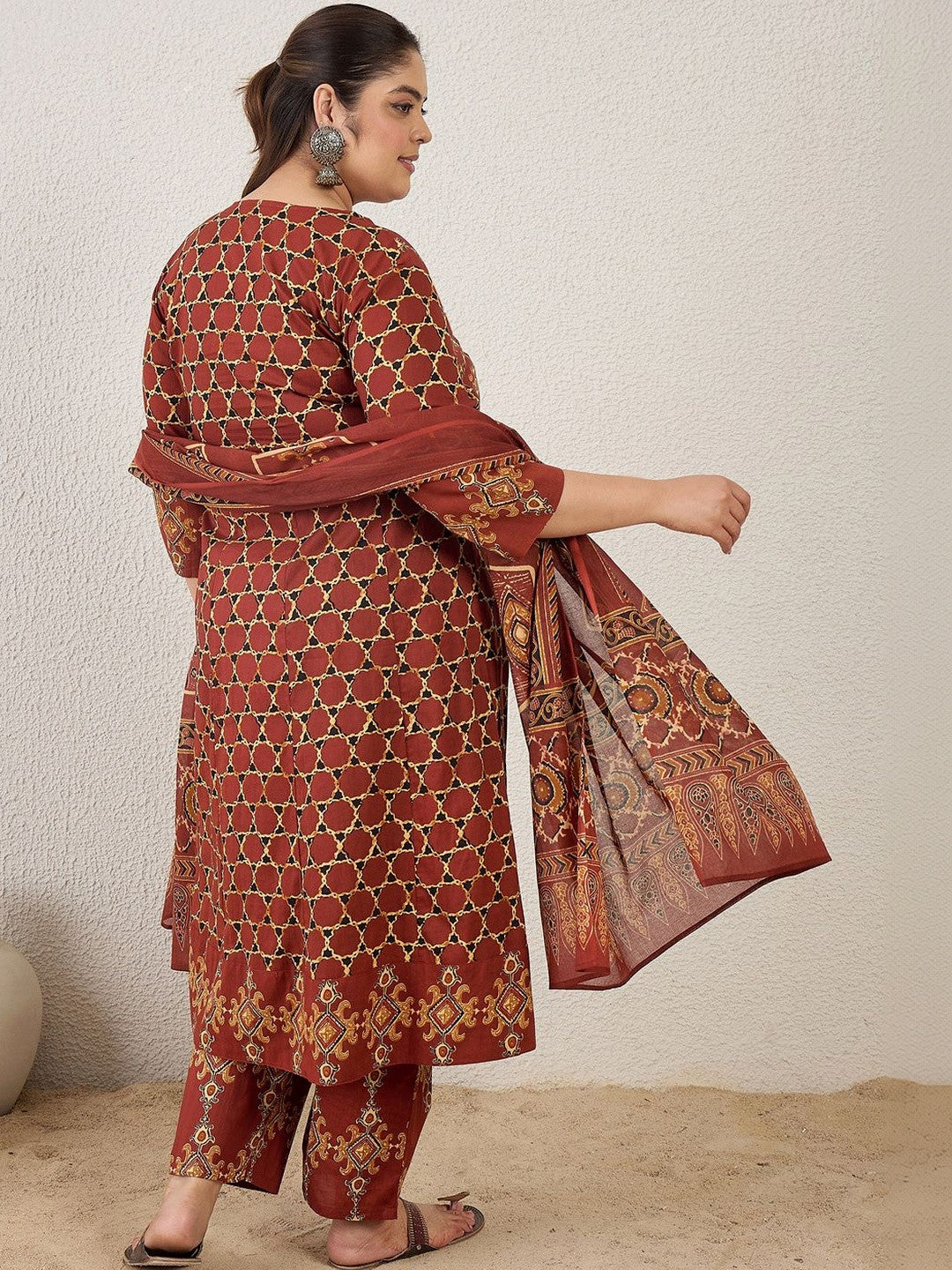 Plus Size Maroon Printed A-Line Kurta Trousers With Dupatta Set