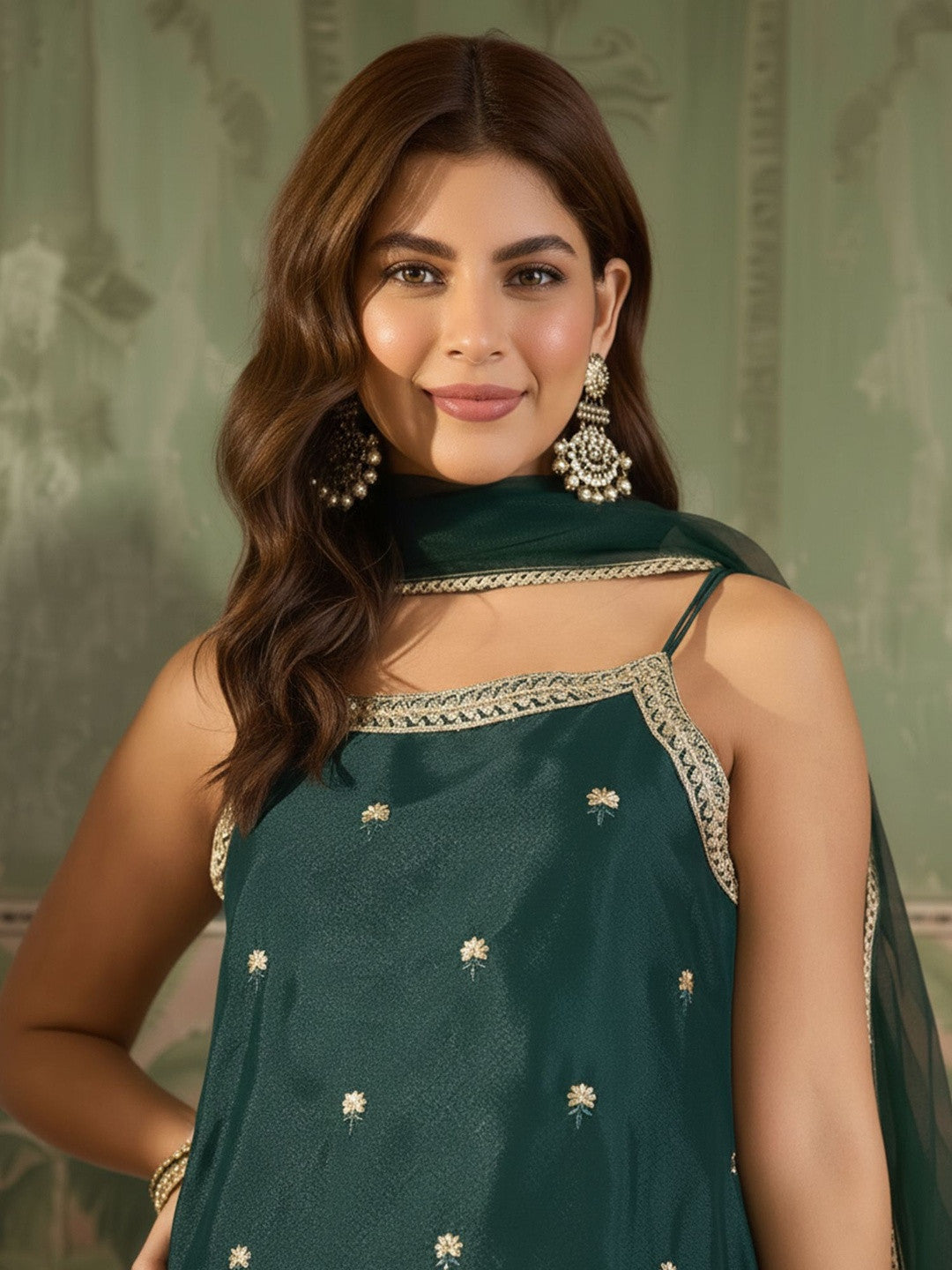 Embroidered Georgette Round Neck Kurta & Palazzos With Dupatta
