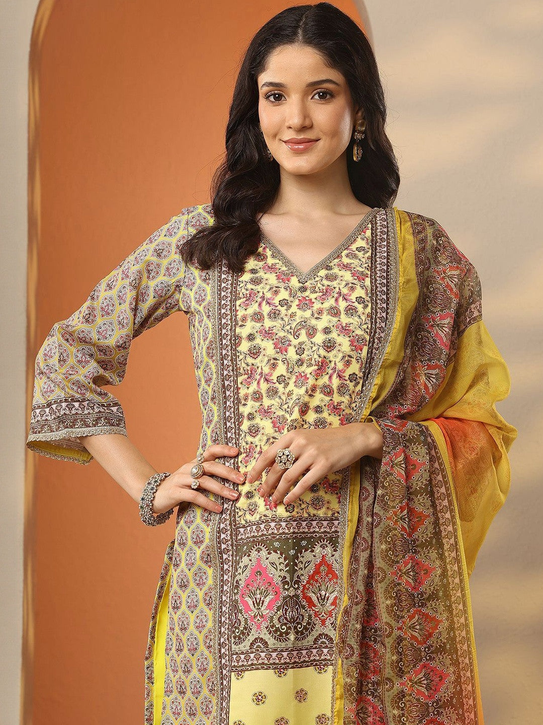 Ethnic Motifs Printed V-Neck Kurta With Trousers & Dupatta