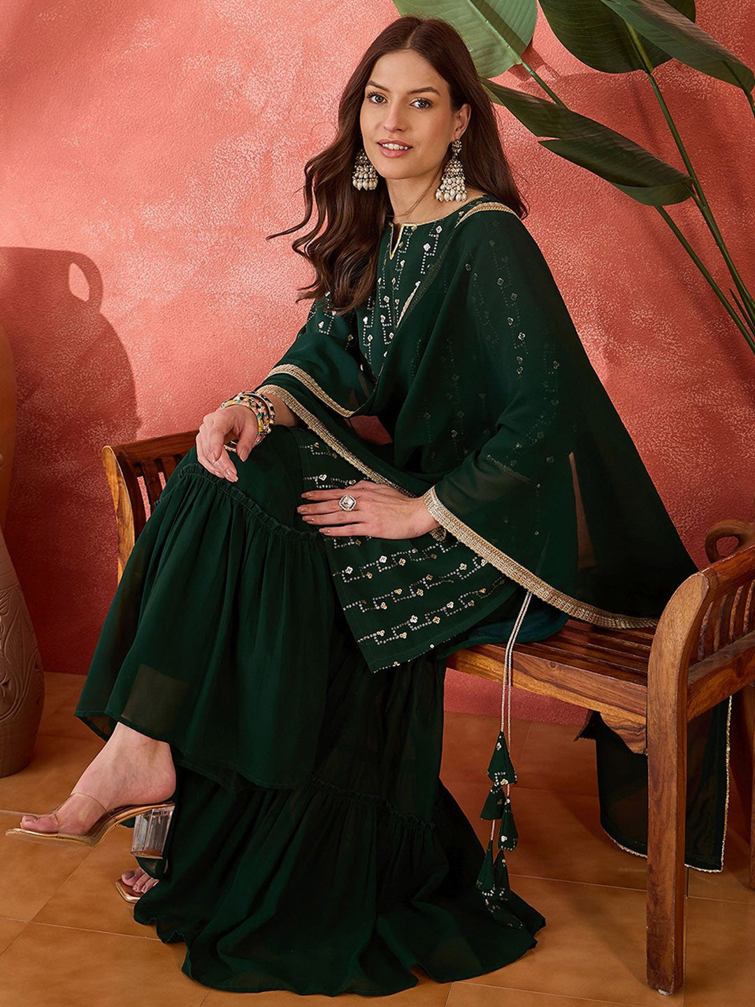 Women Sequinned Embroidered Round Neck Kurta, Sharara With Dupatta