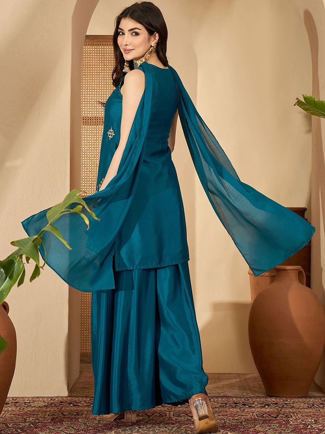 Dhiyona SN Embroidered Round Neck Straight Kurta & Palazzos With Dupatta