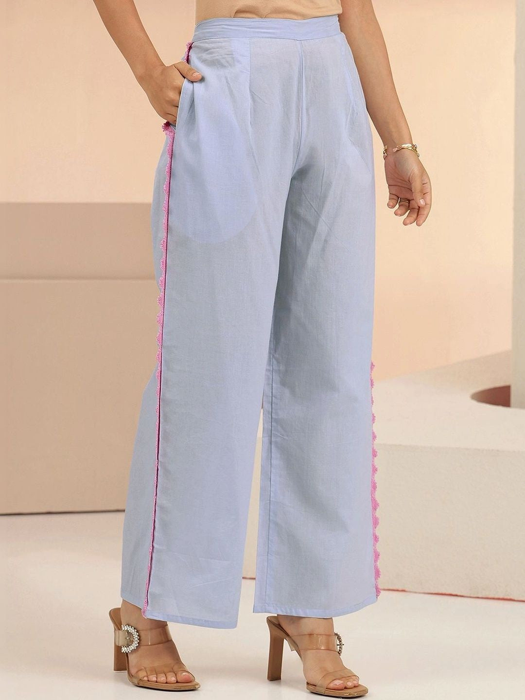 Periwinkle Blue Floral Embroidered Cotton A-Line Kurta Set