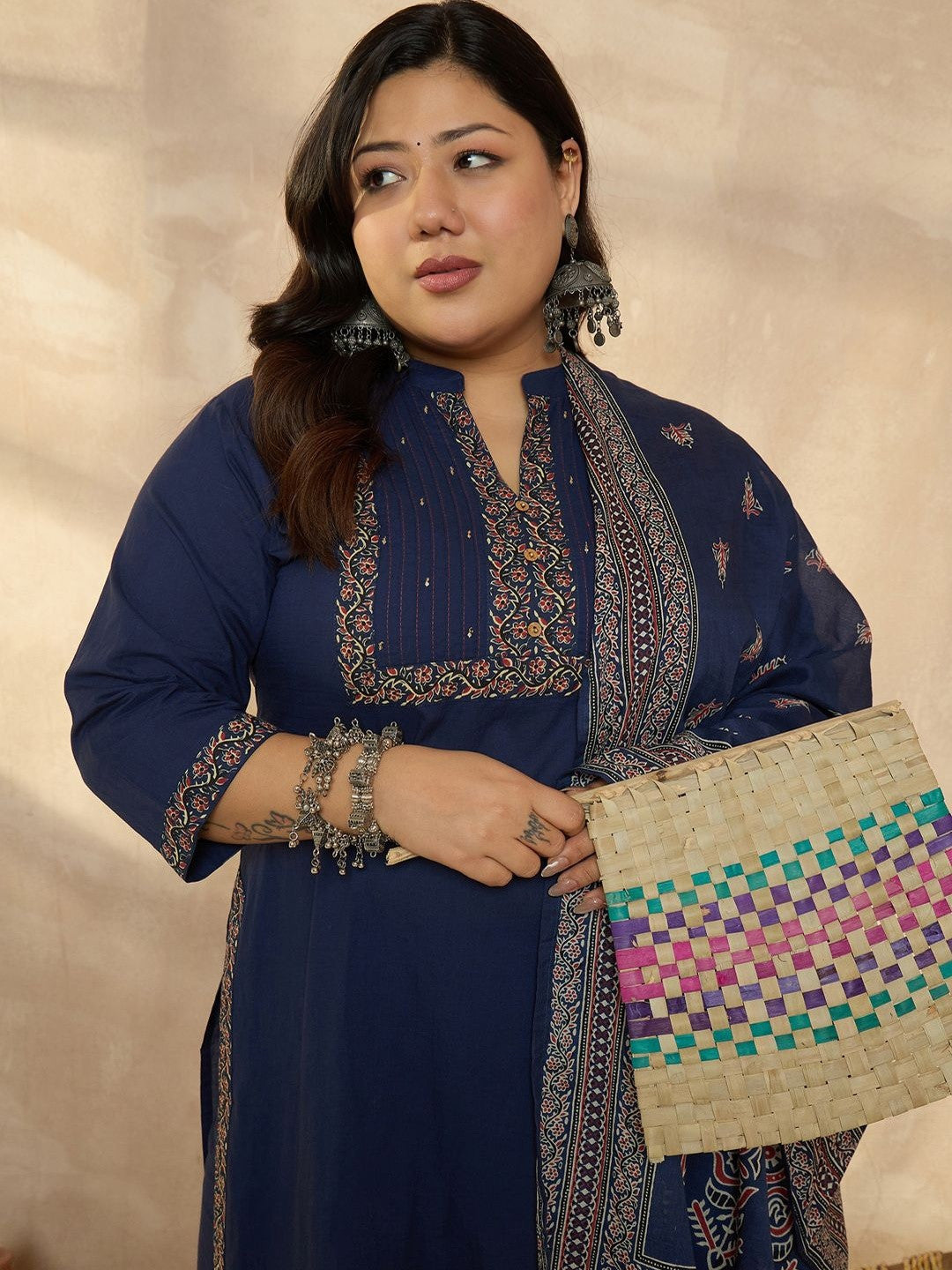 Plus Size Blue Printed Straight Kurta Trousers With Dupatta Set