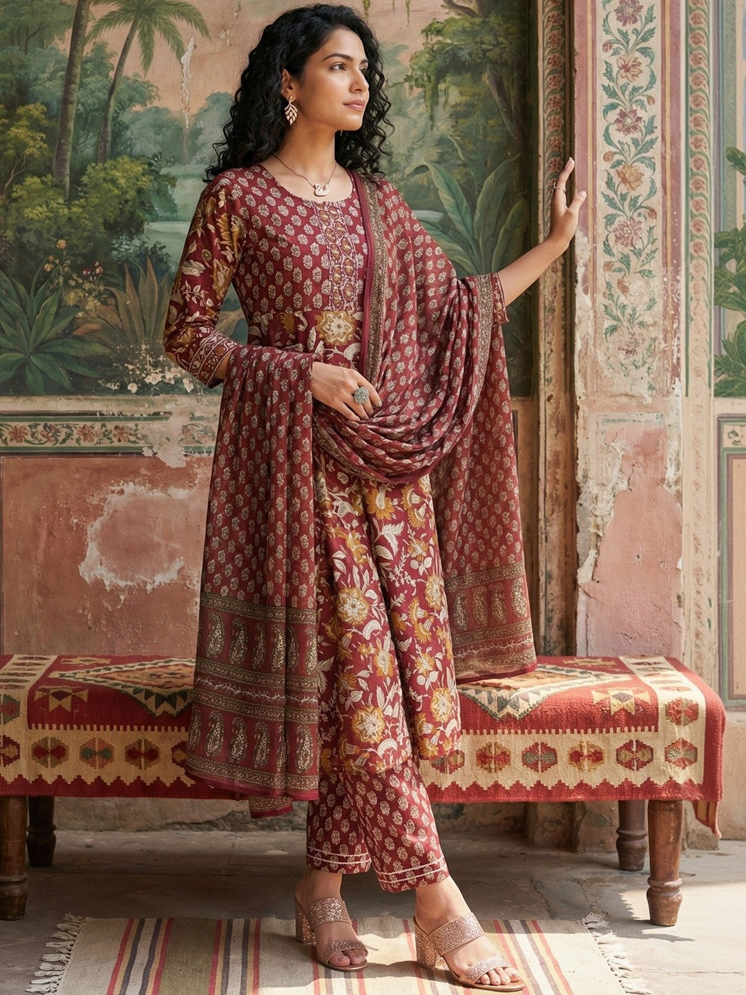 Women's Pure Cotton 3 Pcs Maroon Colour Straight Printed Kurta Sets Kurta Sets