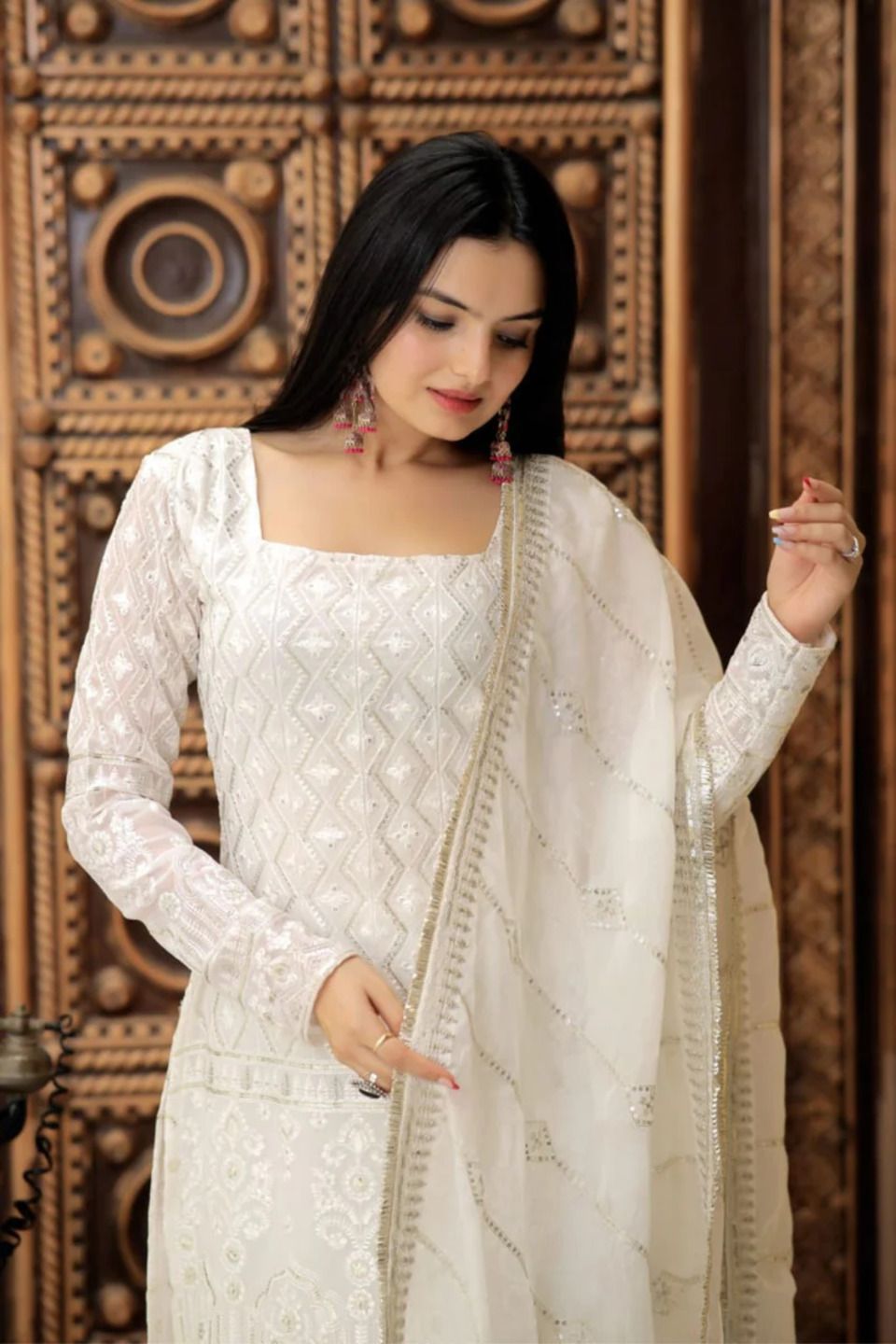 Dhiyona KL Chevron Embroidered Thread Work Georgette Straight Kurta with Sharara & Dupatta