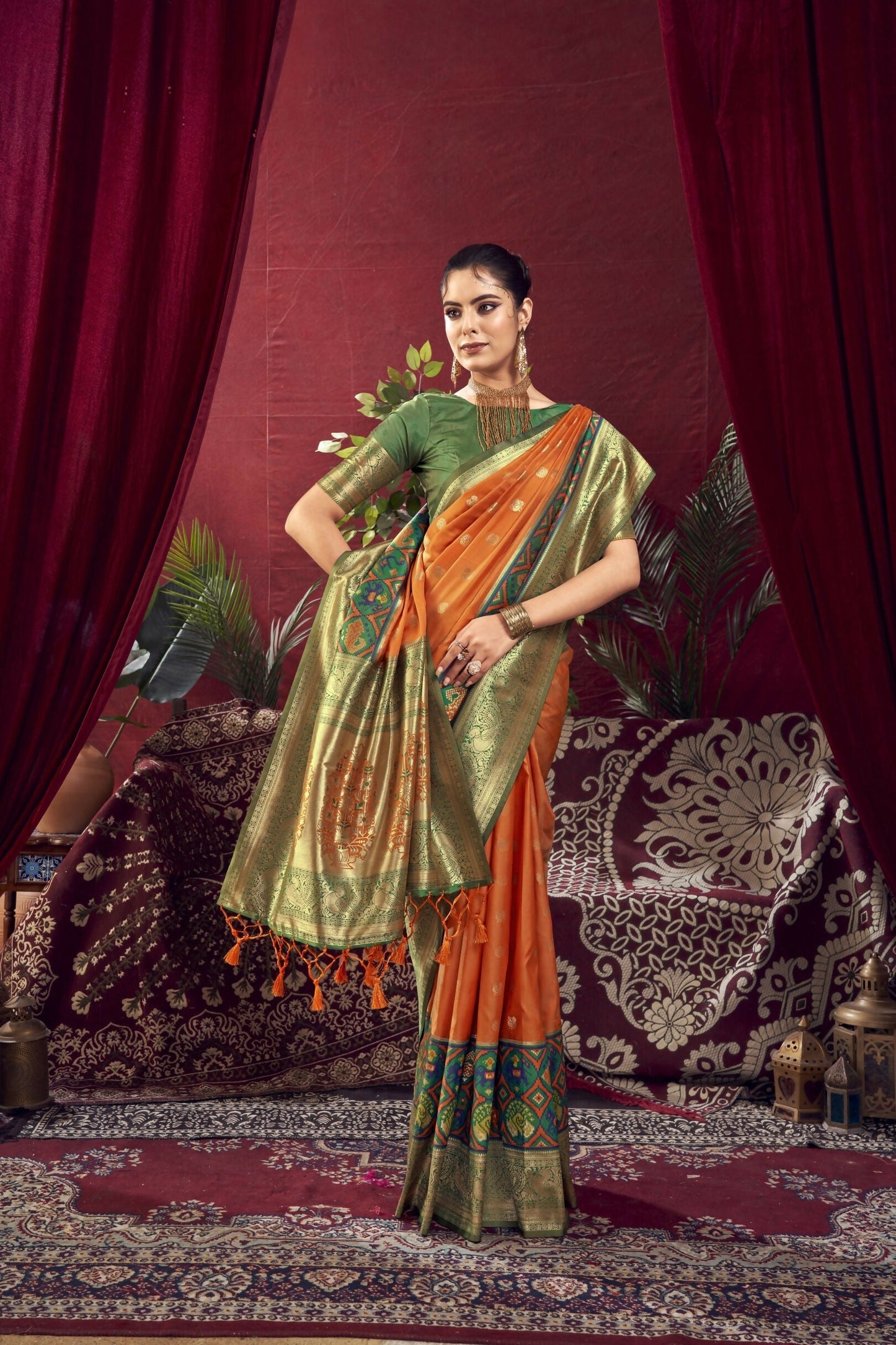 Women Paithani Nidhi Orange Saree With Unstiched Blouse