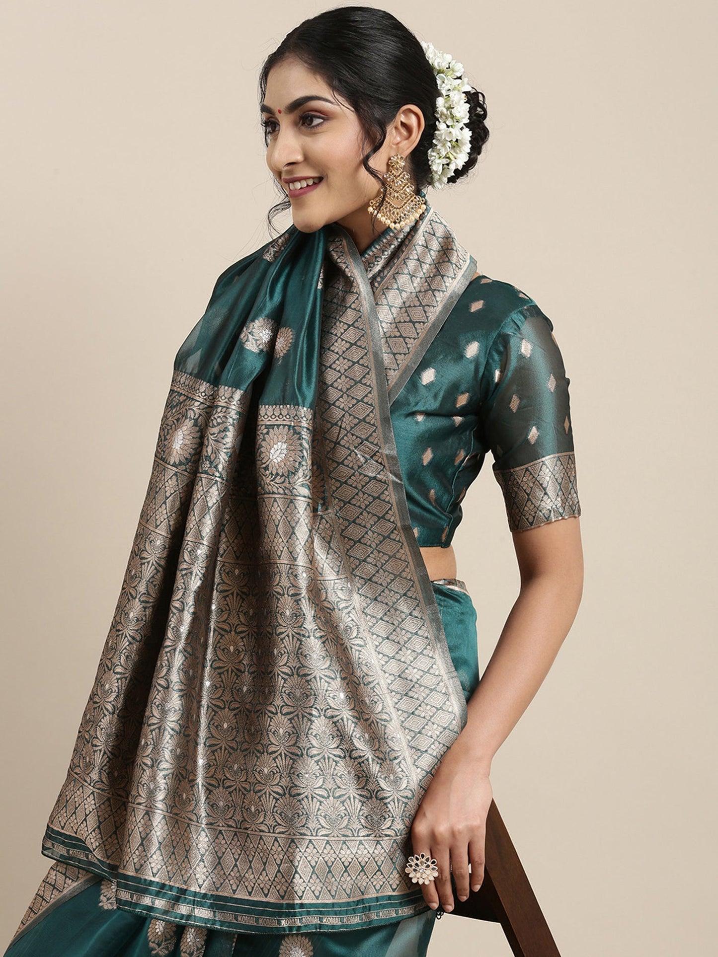 Women's Organza Teal blue Woven Design Celebrity Saree With Blouse Piece