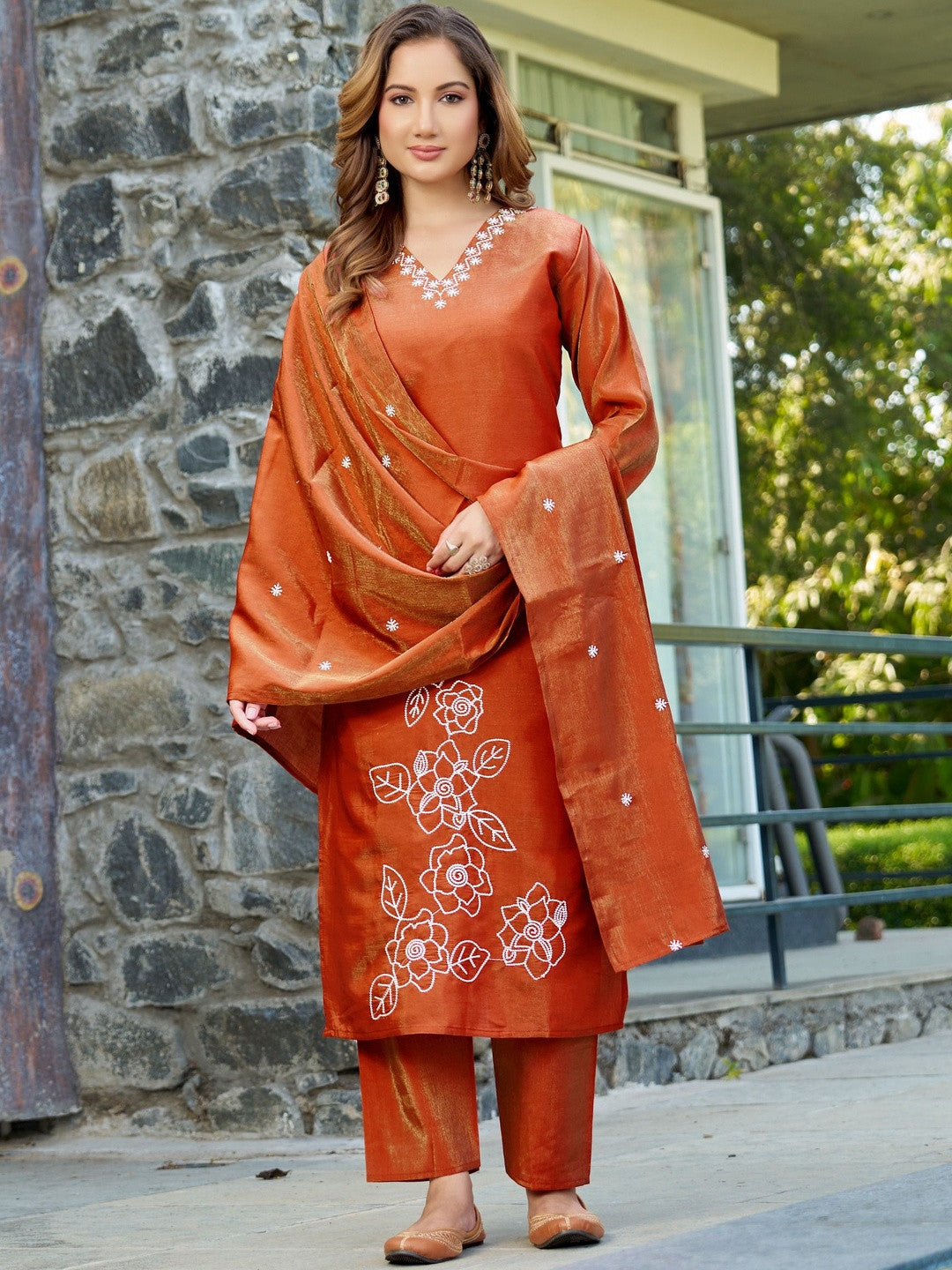 Embroidered Silk Georgette V-Neck Kurta & Trousers With Dupatta