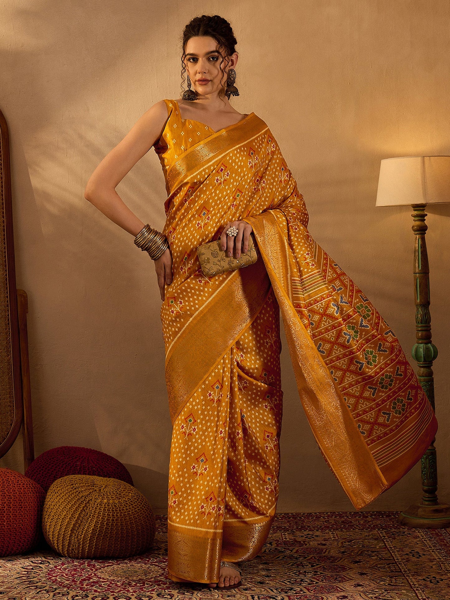 Women's Silk Blend Mustard Printed Designer Saree With Blouse Piece