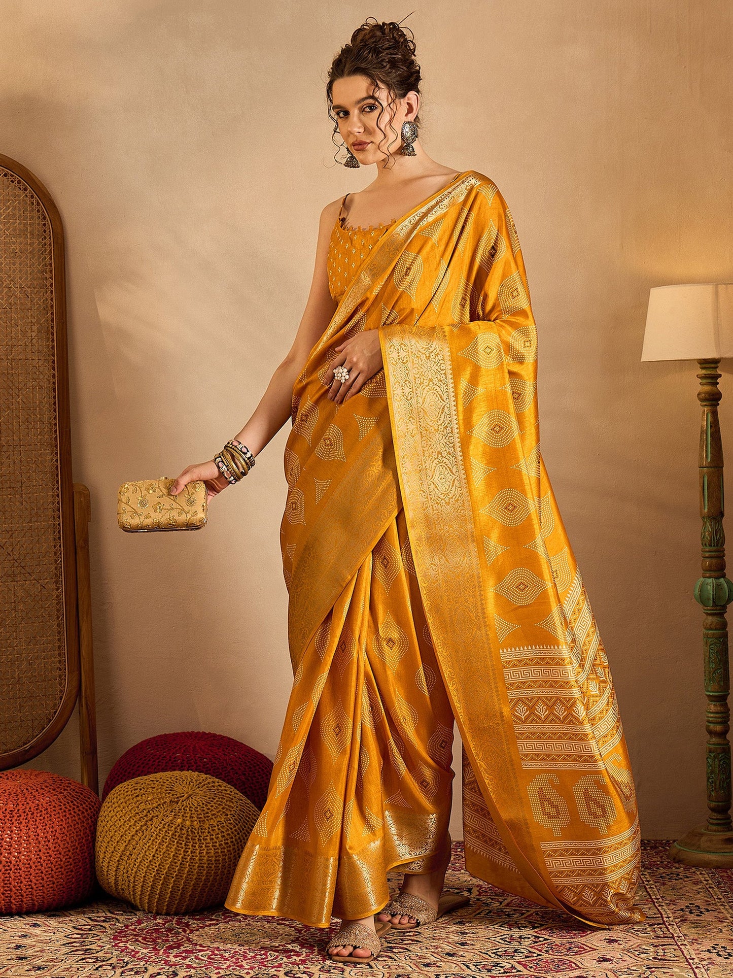 Women's Silk Blend Yellow Printed Designer Saree With Blouse Piece