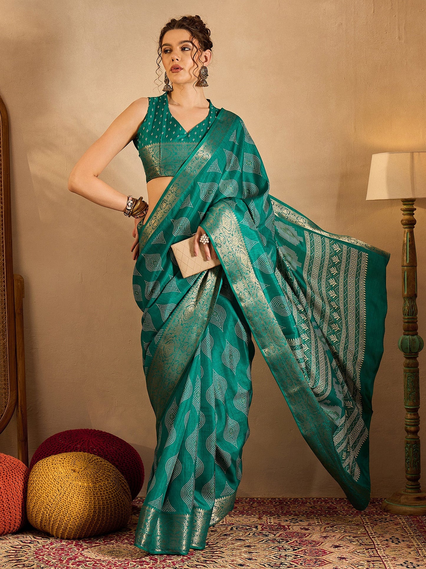 Women's Silk Blend Blue Printed Designer Saree With Blouse Piece
