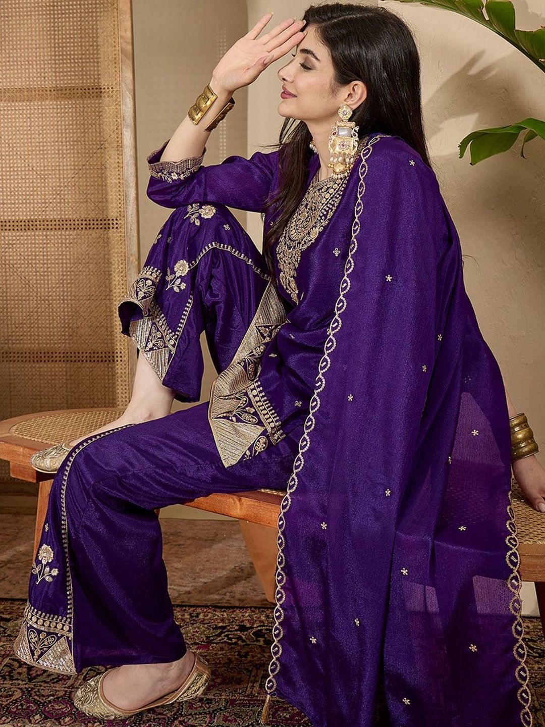 Dhiyona SN Ethnic Motifs Zari Sequence Thread Embroidered Kurta With Palazzos & Dupatta