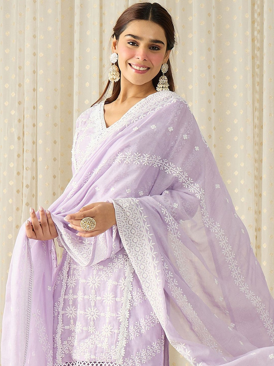 Women Ethnic Motifs Embroidered Regular Chikankari Pure Cotton Kurta with Trousers & With Dupatta