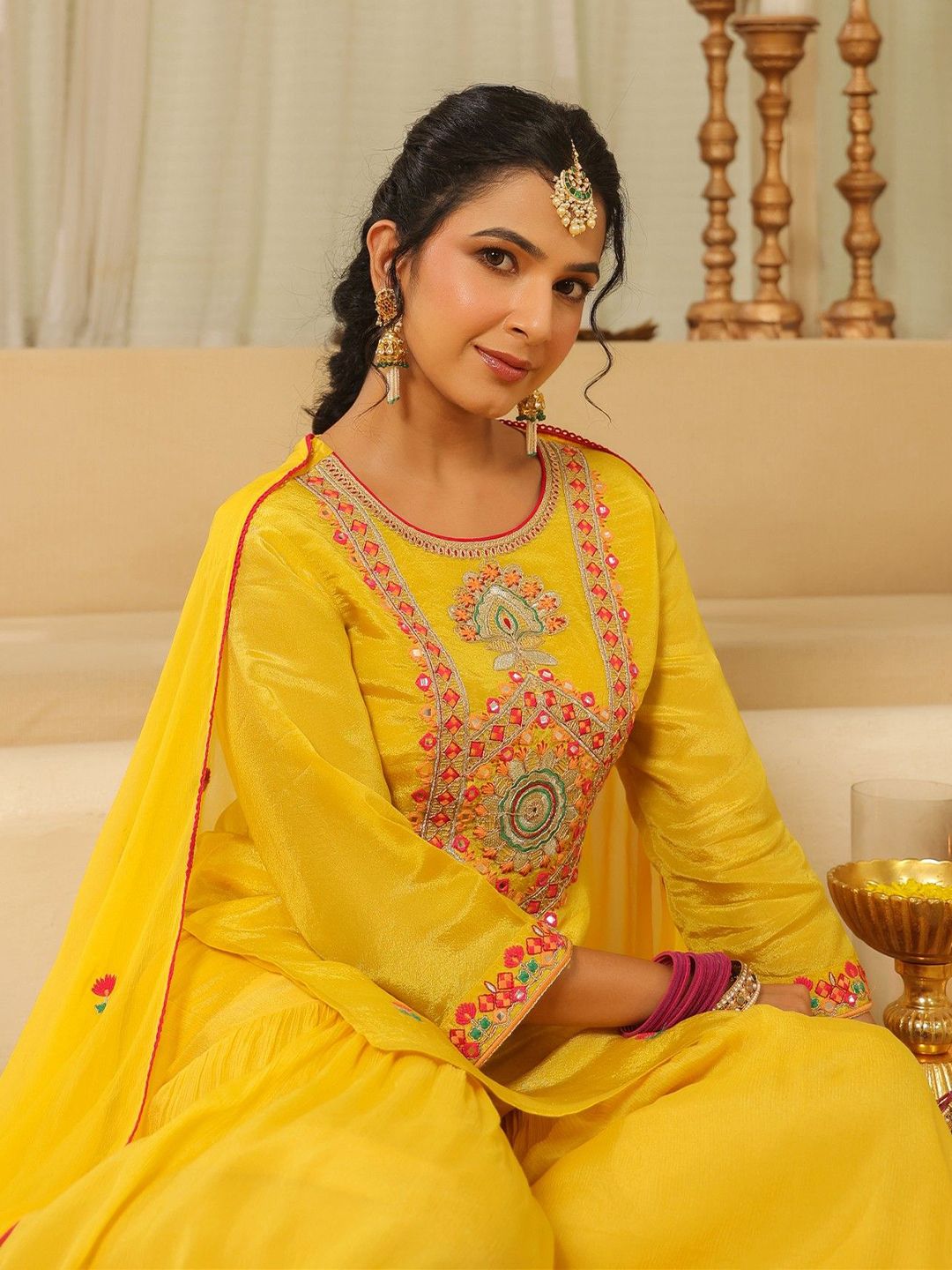 Dhiyona SC Women Ethnic Motifs Embroidered Kurta with Sharara & Dupatta