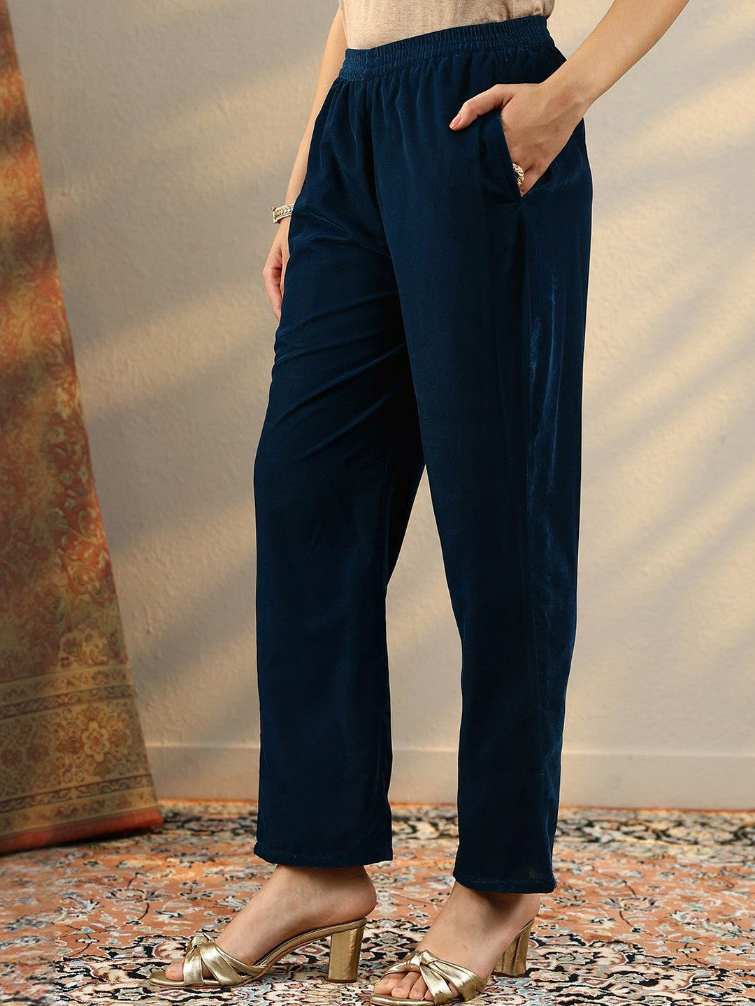 Ethnic Motifs Embroidered Round Neck Zari Velvet Kurta & Trousers With Dupatta