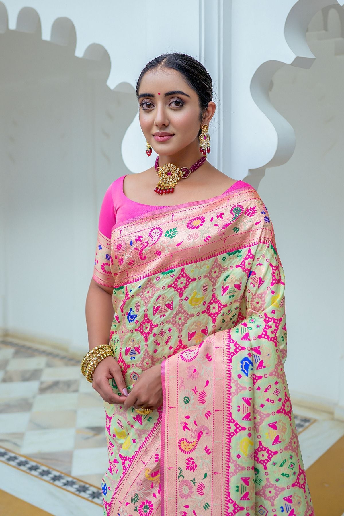 Women Paithani Mena 2 Pista Saree With Unstiched Blouse