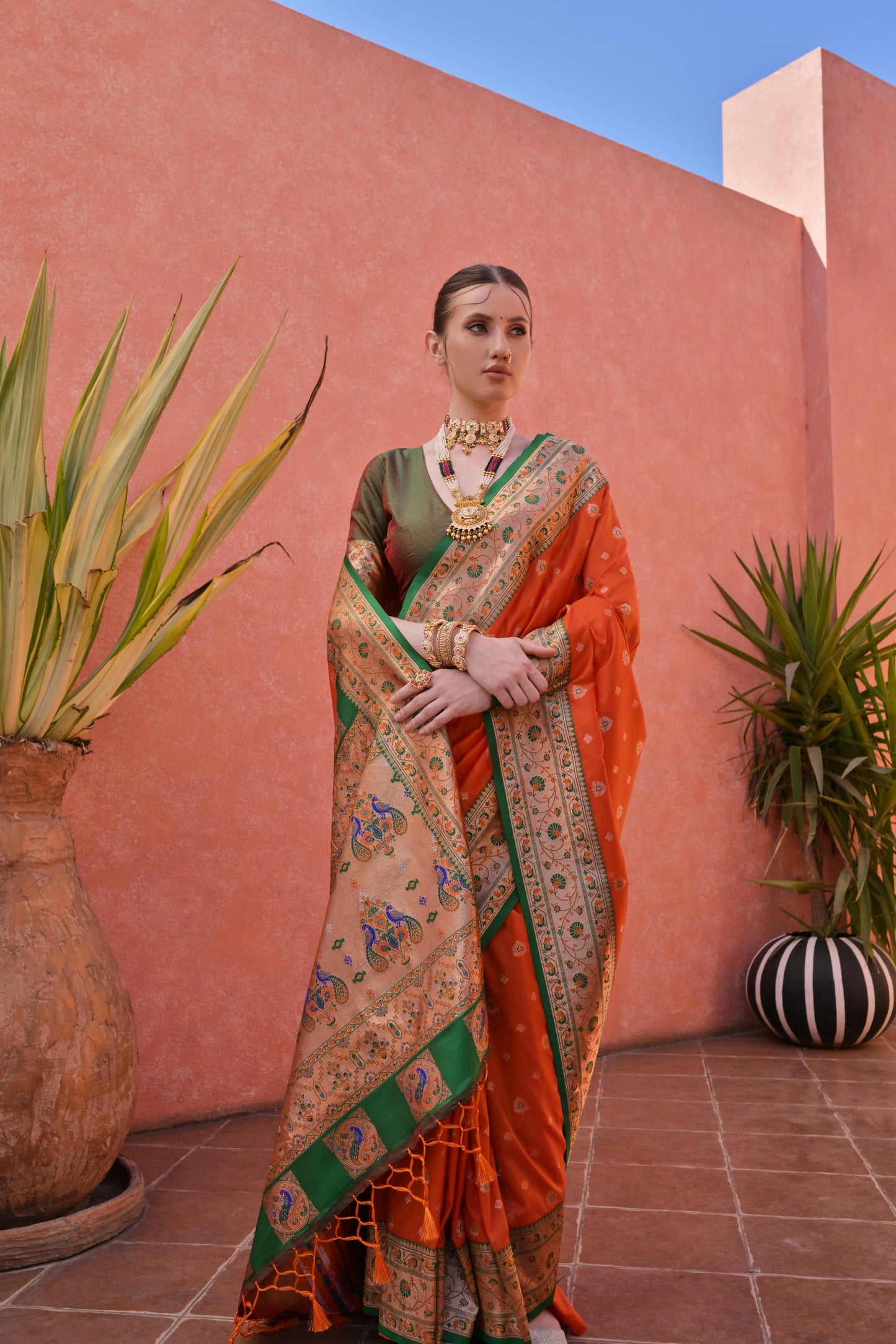 Women Paithani Nisha Orange Saree With Unstiched Blouse