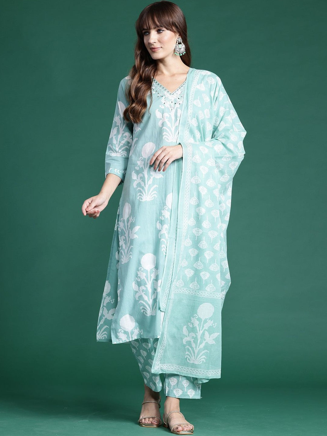 Women Floral Printed Regular Mirror Work Pure Cotton Kurta with Trousers & With Dupatta