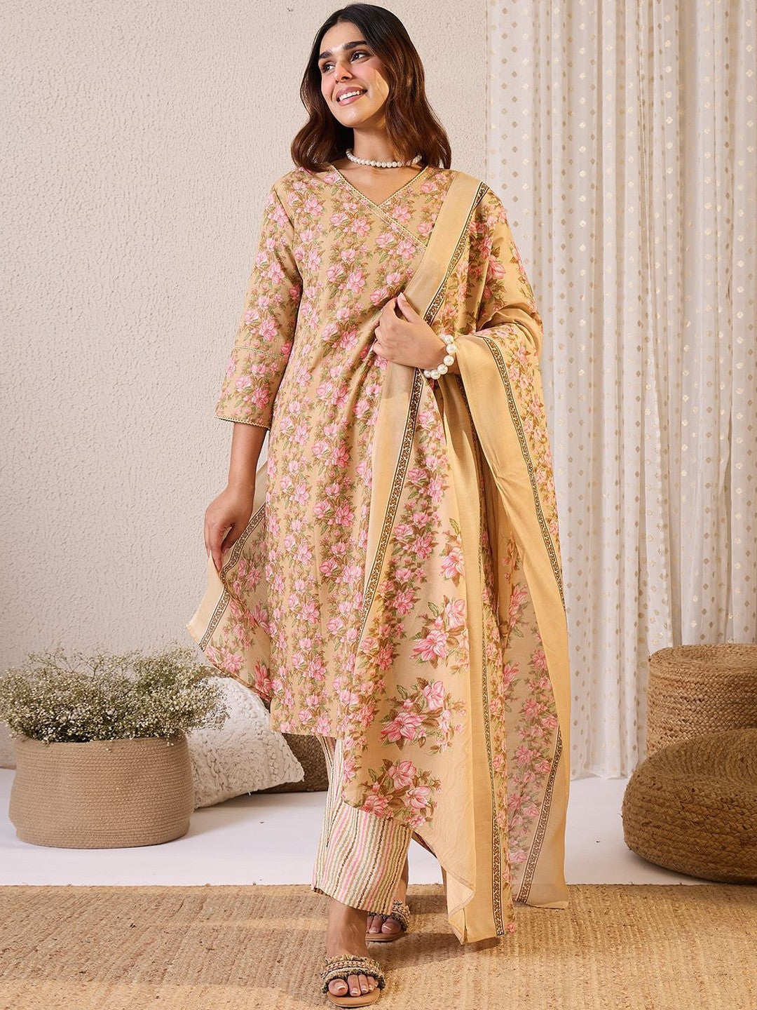 Women Floral Printed Angrakha Pure Cotton Kurta with Trousers & With Dupatta