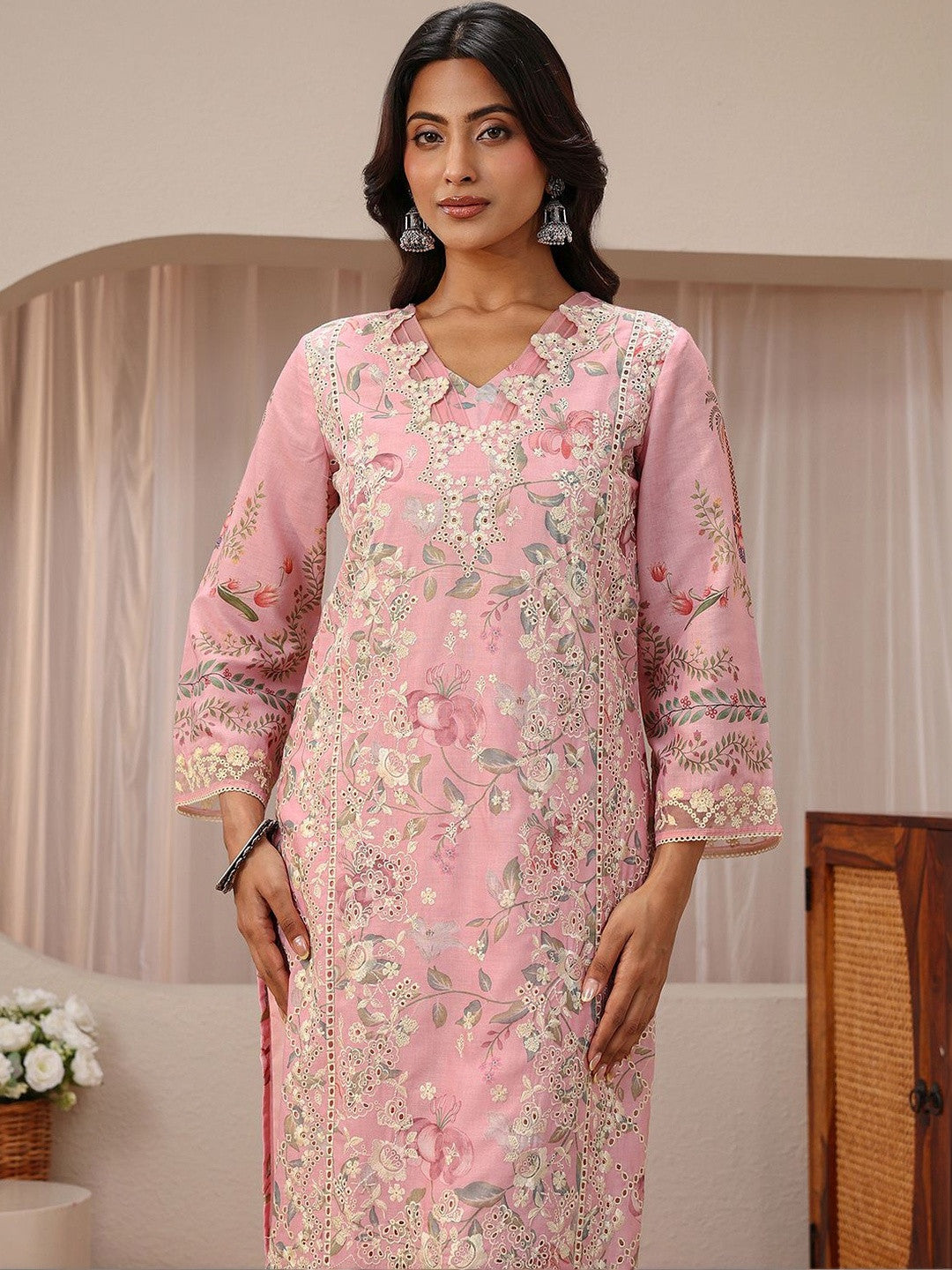 Pink Floral Printed Straight Suit Set