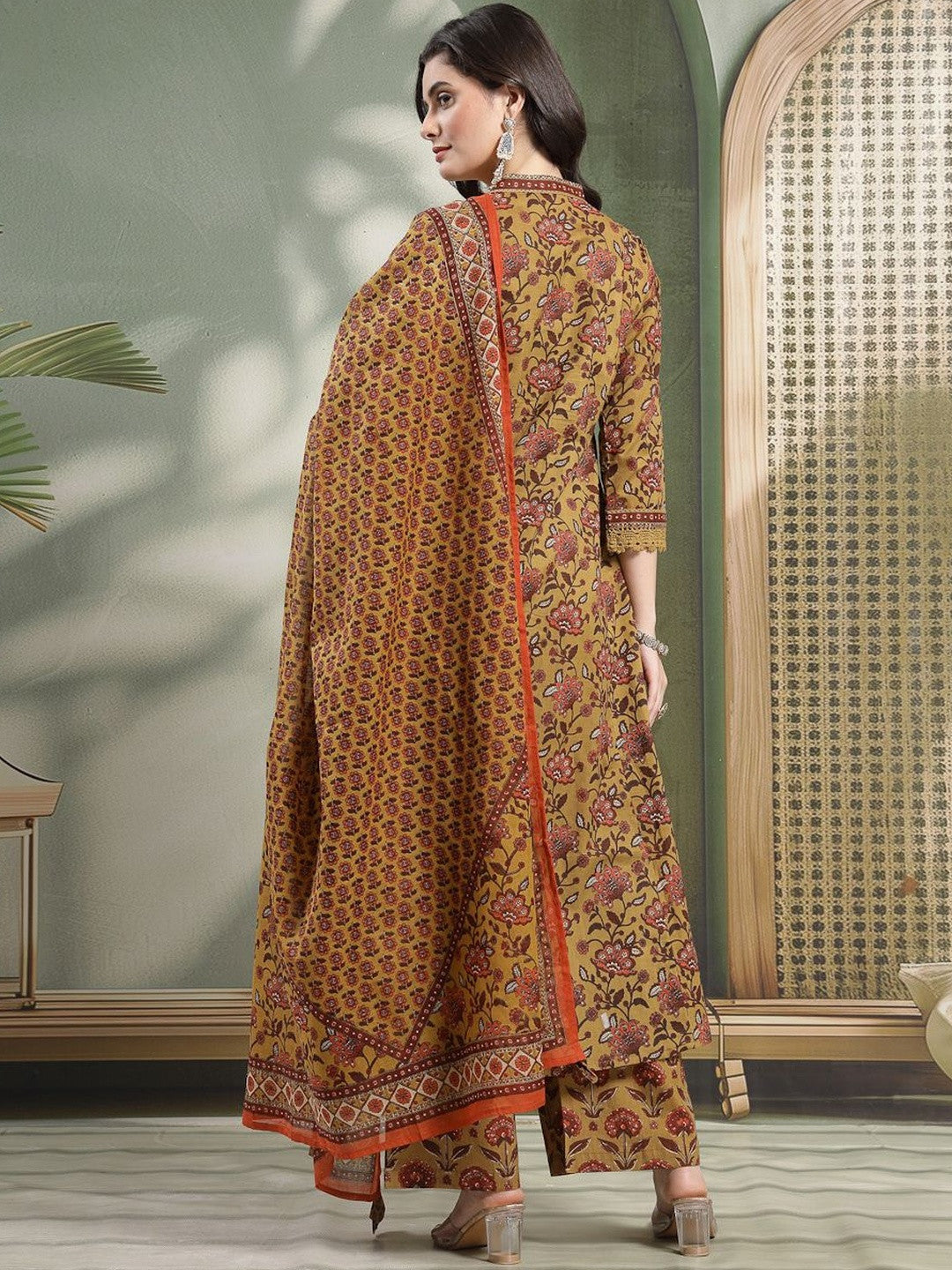 Printed Pure Cotton V-Neck Kurta & Palazzos With Dupatta