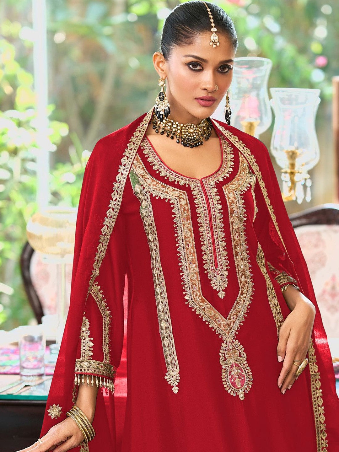 Women Embroidered Mirror Work Kurta with Palazzos & Dupatta