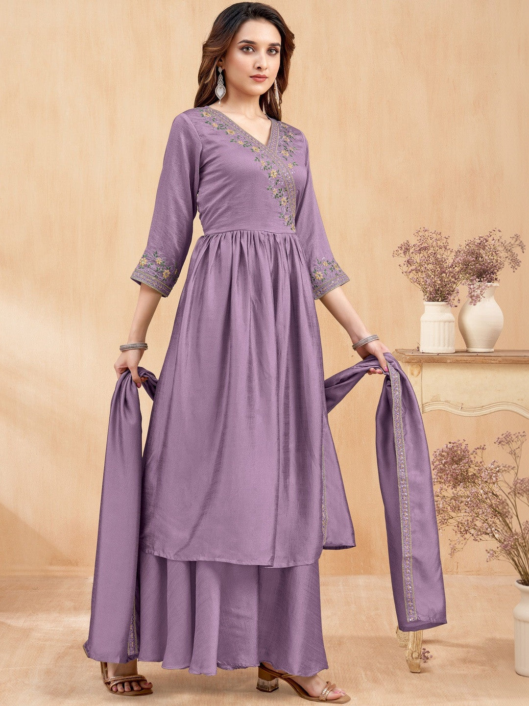 Embroidered V-Neck Kurta Trousers & Dupatta