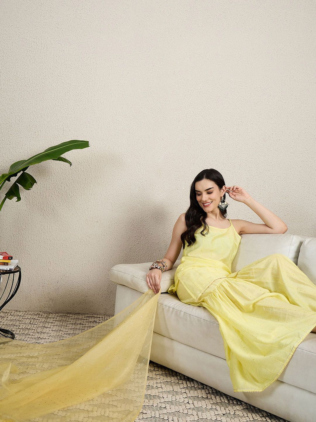 Dhiyona HOP Floral Embroidered Sequinned Straight Kurta With Sharara & Dupatta