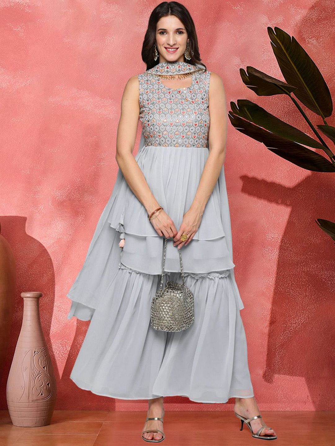 Dhiyona SN Embroidered Mirror Work With Sequence A-Line Kurta Sharara With Dupatta