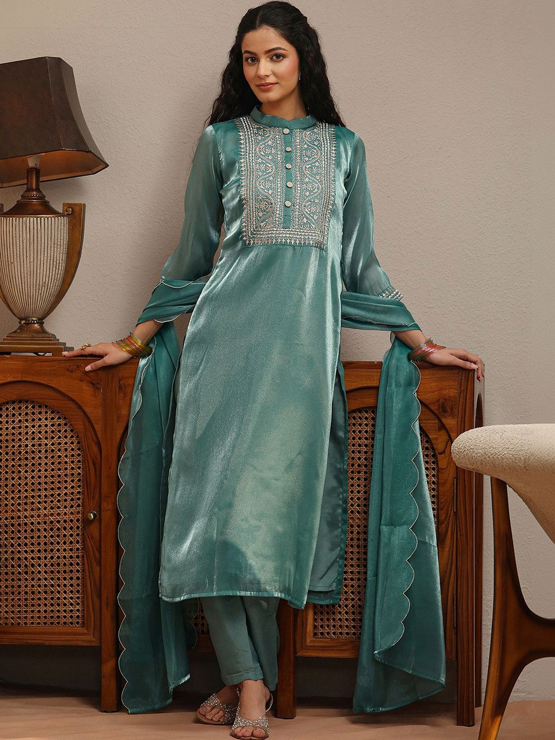 Libas Blue Yoke Design Tissue Straight Suit Set