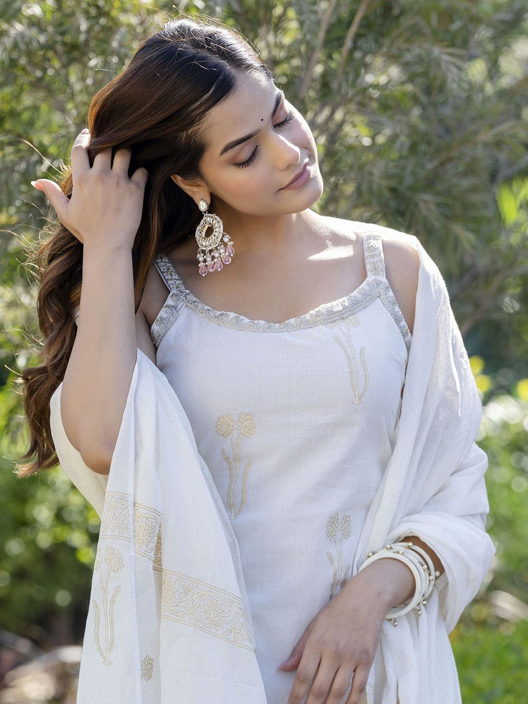 Dhiyona AN White Floral Printed Gotta Patti Pure Cotton Kurta With Sharara And Dupatta