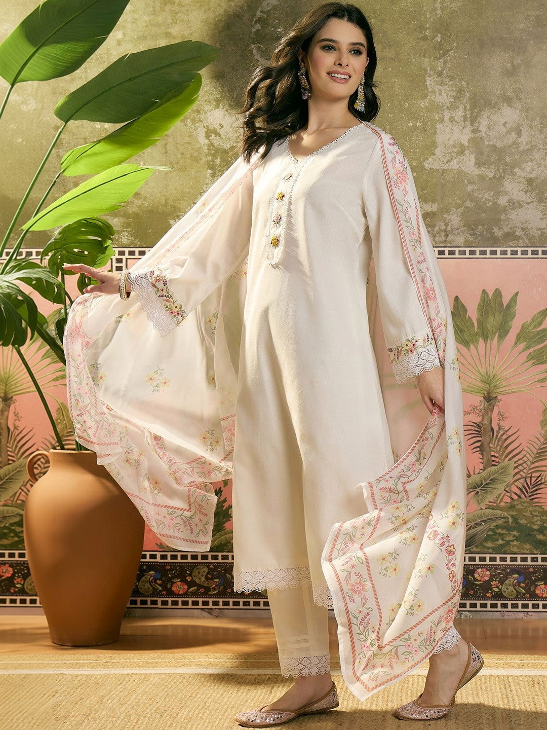 Embroidered V-Neck Kurta & Trousers Kurta Set