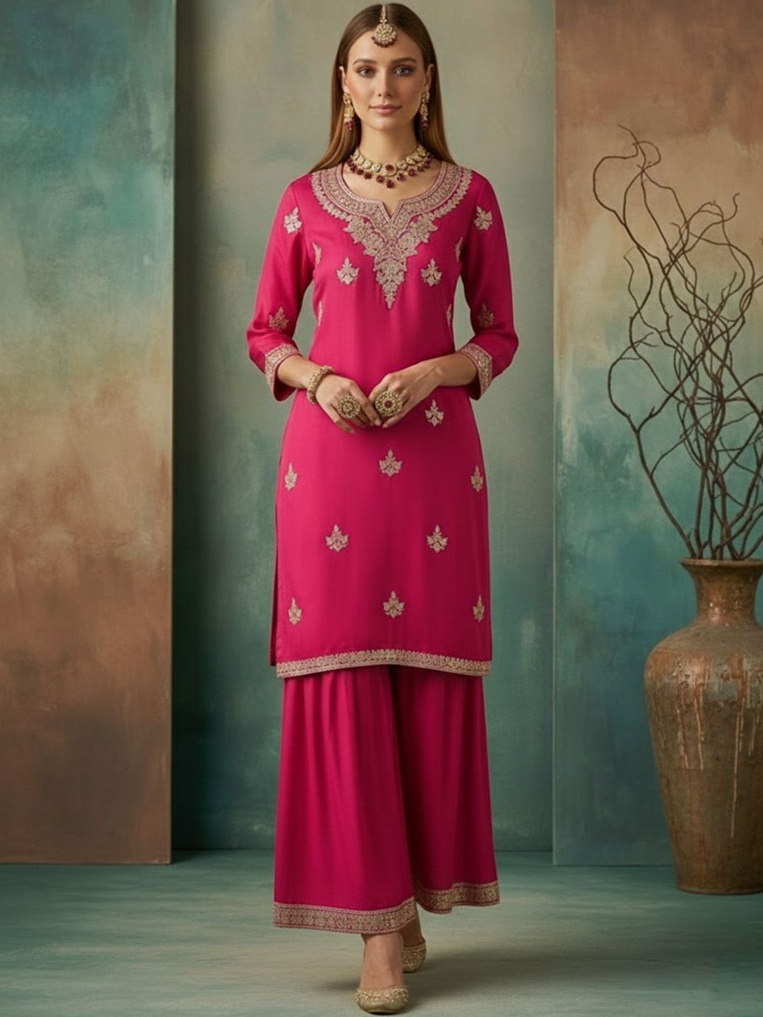 Dhiyona SN Embroidered Round Neck Kurta & Sharara Kurta Set