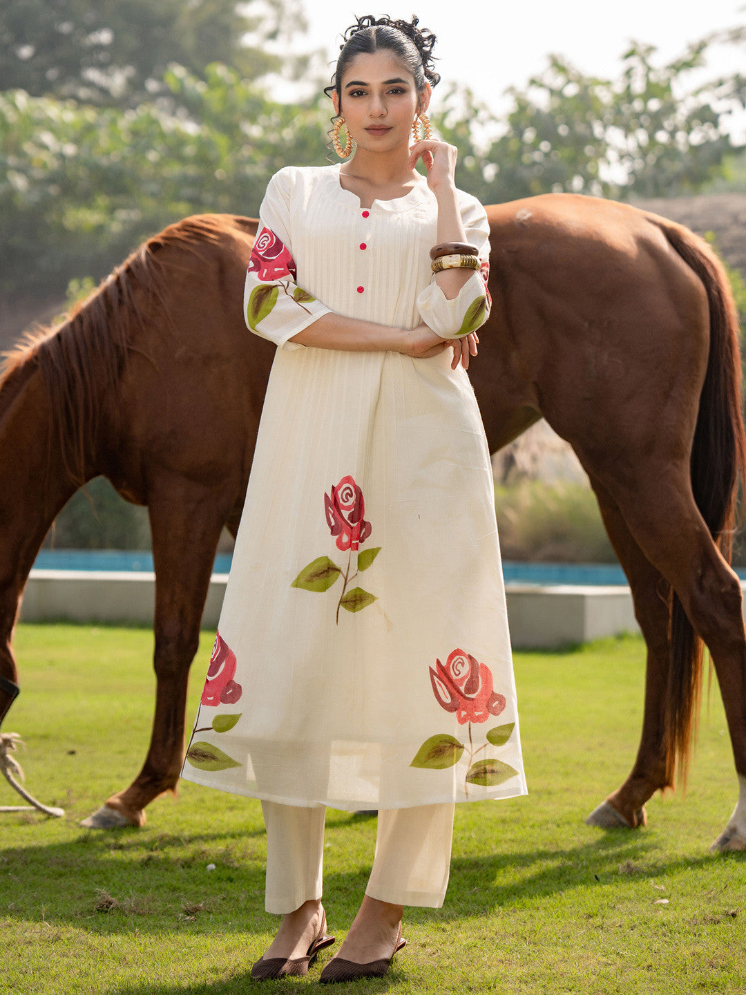 Floral Printed Mandarin Collar Pure Cotton A-Line Kurta With Trouser
