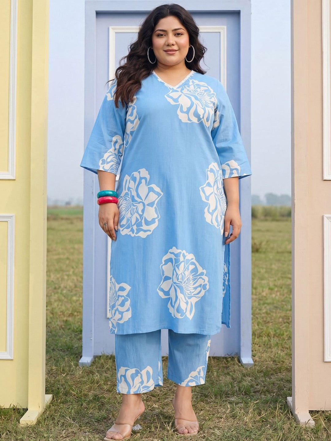 Plus Size Blue Printed Straight Kurta Trousers Set